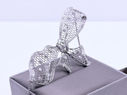 Antique Platinum Diamond Bow Necklace 2.71 CTW Old European & Rose Cut Diamonds