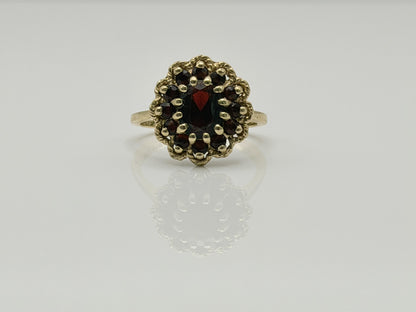 Vintage 14K Yellow Gold Garnet Cluster Ring.Oval Garnet Halo Statement Ring