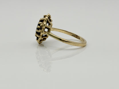 Vintage 14K Yellow Gold Garnet Cluster Ring.Oval Garnet Halo Statement Ring