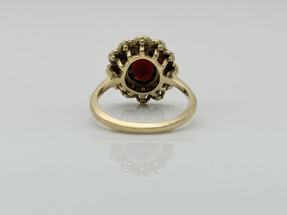 Vintage 14K Yellow Gold Garnet Cluster Ring.Oval Garnet Halo Statement Ring