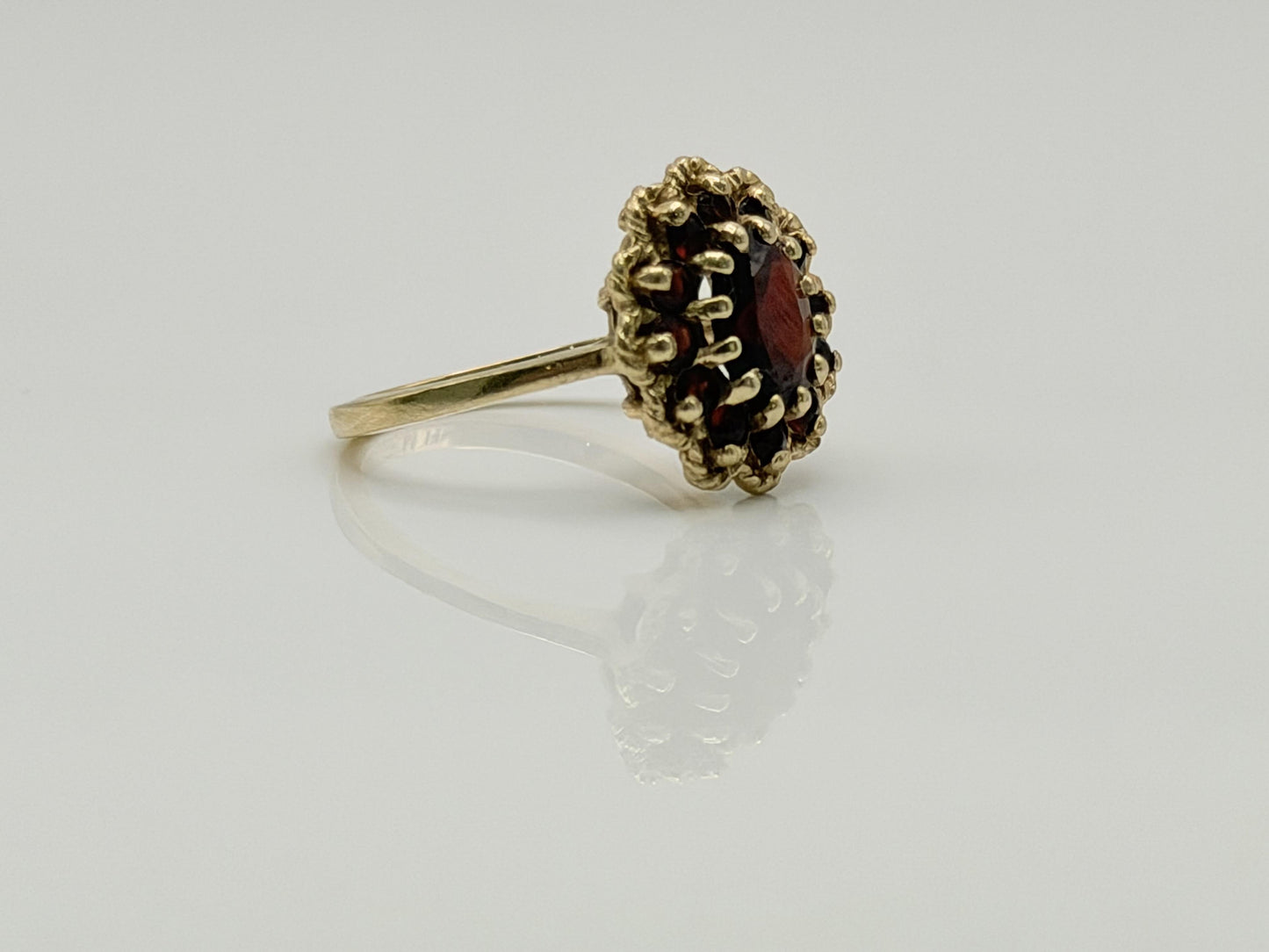 Vintage 14K Yellow Gold Garnet Cluster Ring.Oval Garnet Halo Statement Ring
