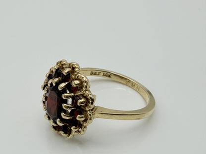 Vintage 14K Yellow Gold Garnet Cluster Ring.Oval Garnet Halo Statement Ring