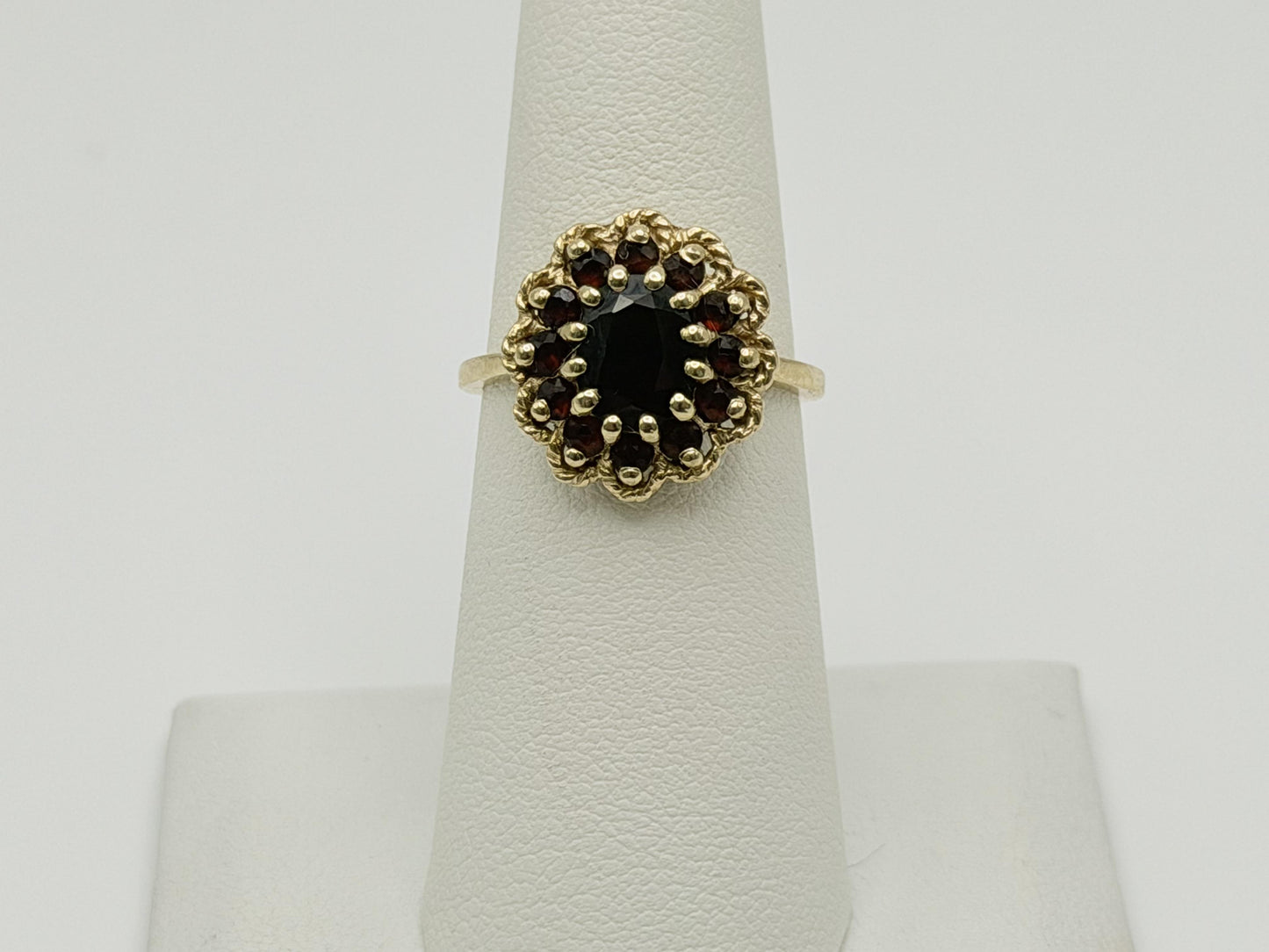Vintage 14K Yellow Gold Garnet Cluster Ring.Oval Garnet Halo Statement Ring