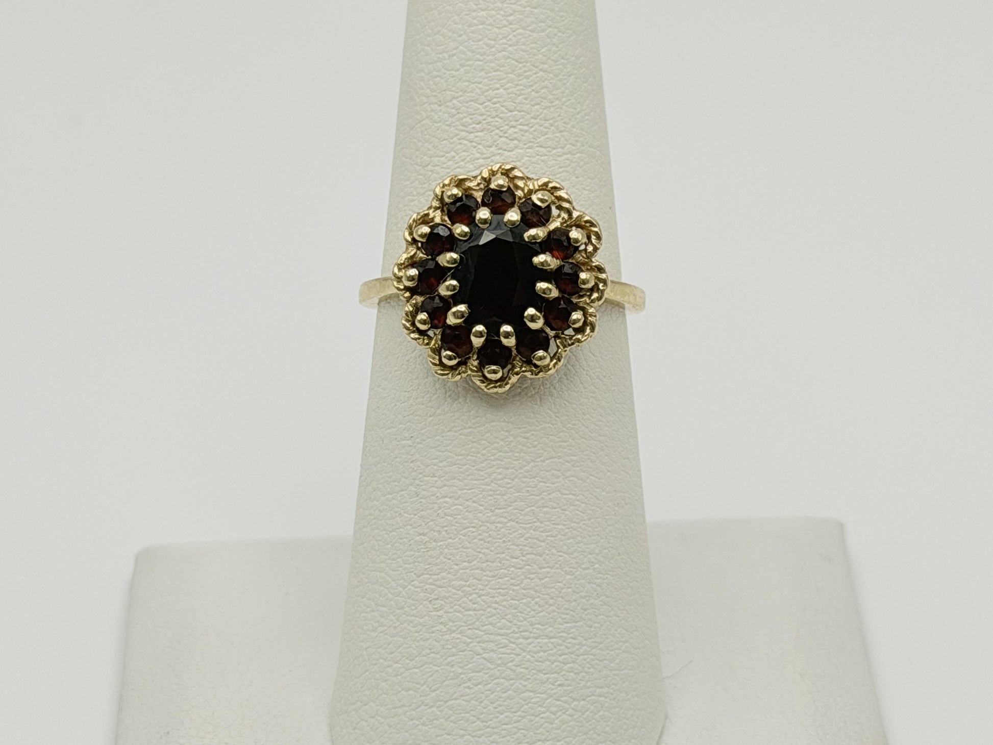 Vintage 14K Yellow Gold Garnet Cluster Ring.Oval Garnet Halo Statement Ring