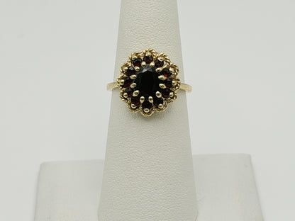 Vintage 14K Yellow Gold Garnet Cluster Ring.Oval Garnet Halo Statement Ring