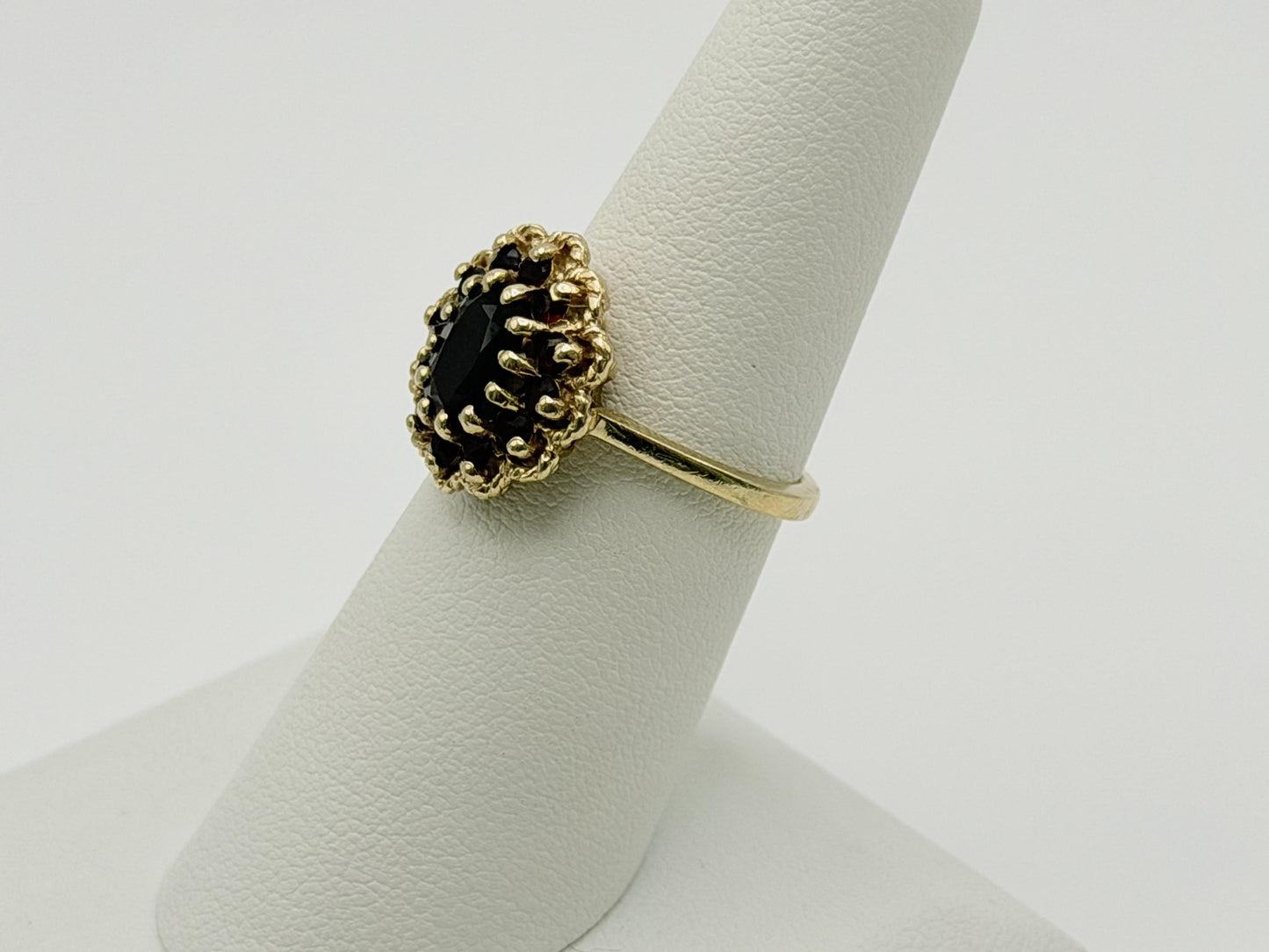 Vintage 14K Yellow Gold Garnet Cluster Ring.Oval Garnet Halo Statement Ring