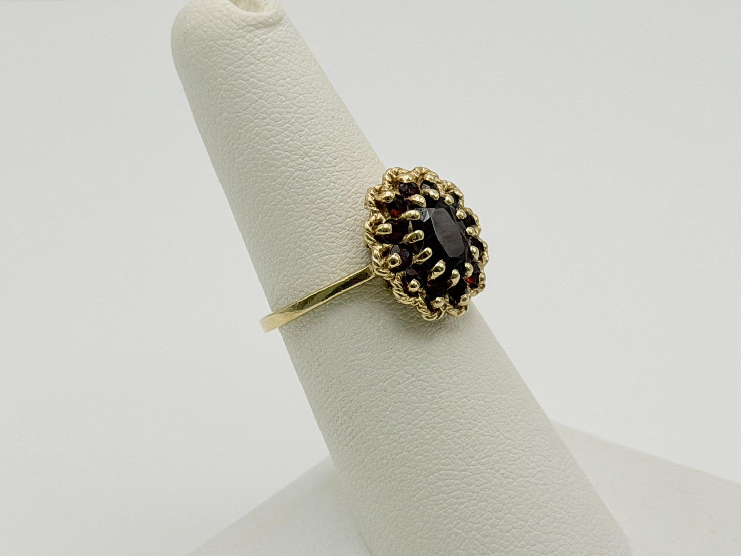 Vintage 14K Yellow Gold Garnet Cluster Ring.Oval Garnet Halo Statement Ring
