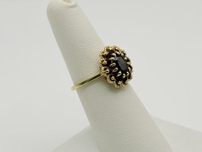 Vintage 14K Yellow Gold Garnet Cluster Ring.Oval Garnet Halo Statement Ring
