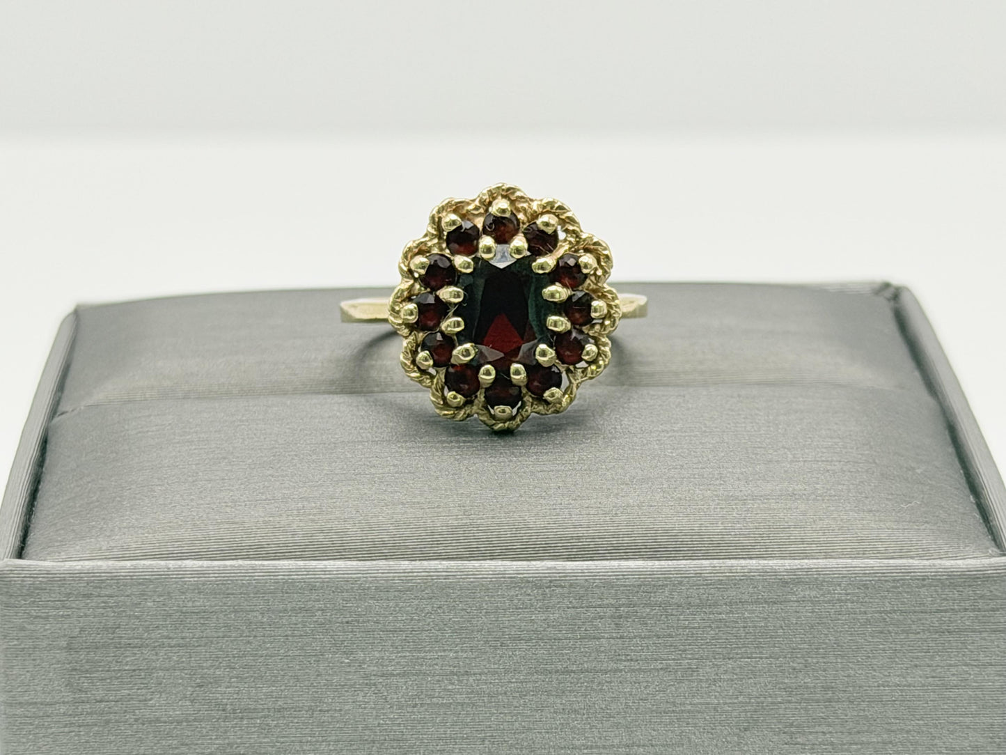 Vintage 14K Yellow Gold Garnet Cluster Ring.Oval Garnet Halo Statement Ring