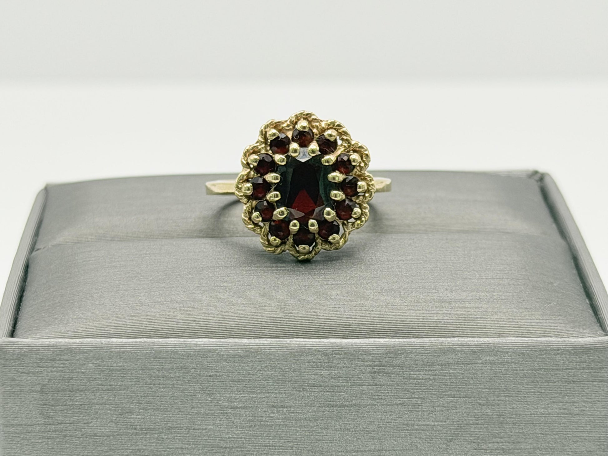 Vintage 14K Yellow Gold Garnet Cluster Ring.Oval Garnet Halo Statement Ring