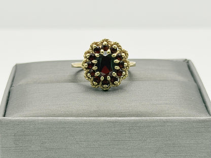 Vintage 14K Yellow Gold Garnet Cluster Ring.Oval Garnet Halo Statement Ring