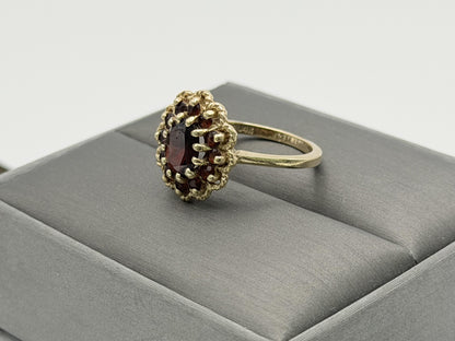 Vintage 14K Yellow Gold Garnet Cluster Ring.Oval Garnet Halo Statement Ring