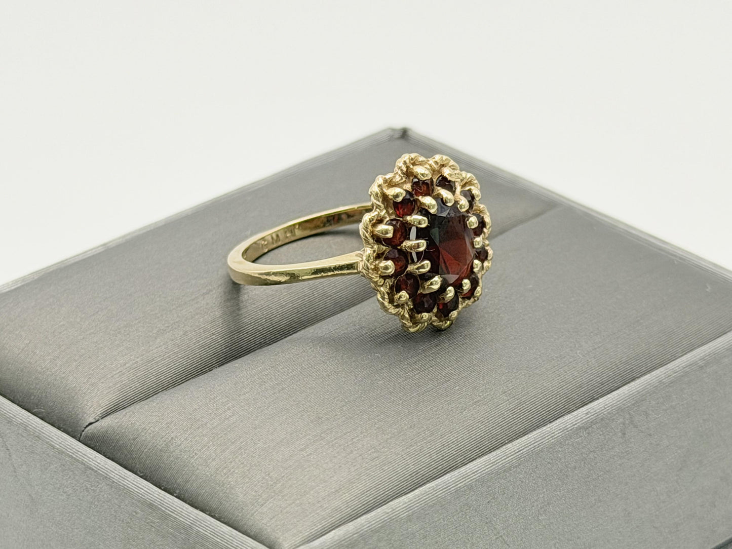 Vintage 14K Yellow Gold Garnet Cluster Ring.Oval Garnet Halo Statement Ring