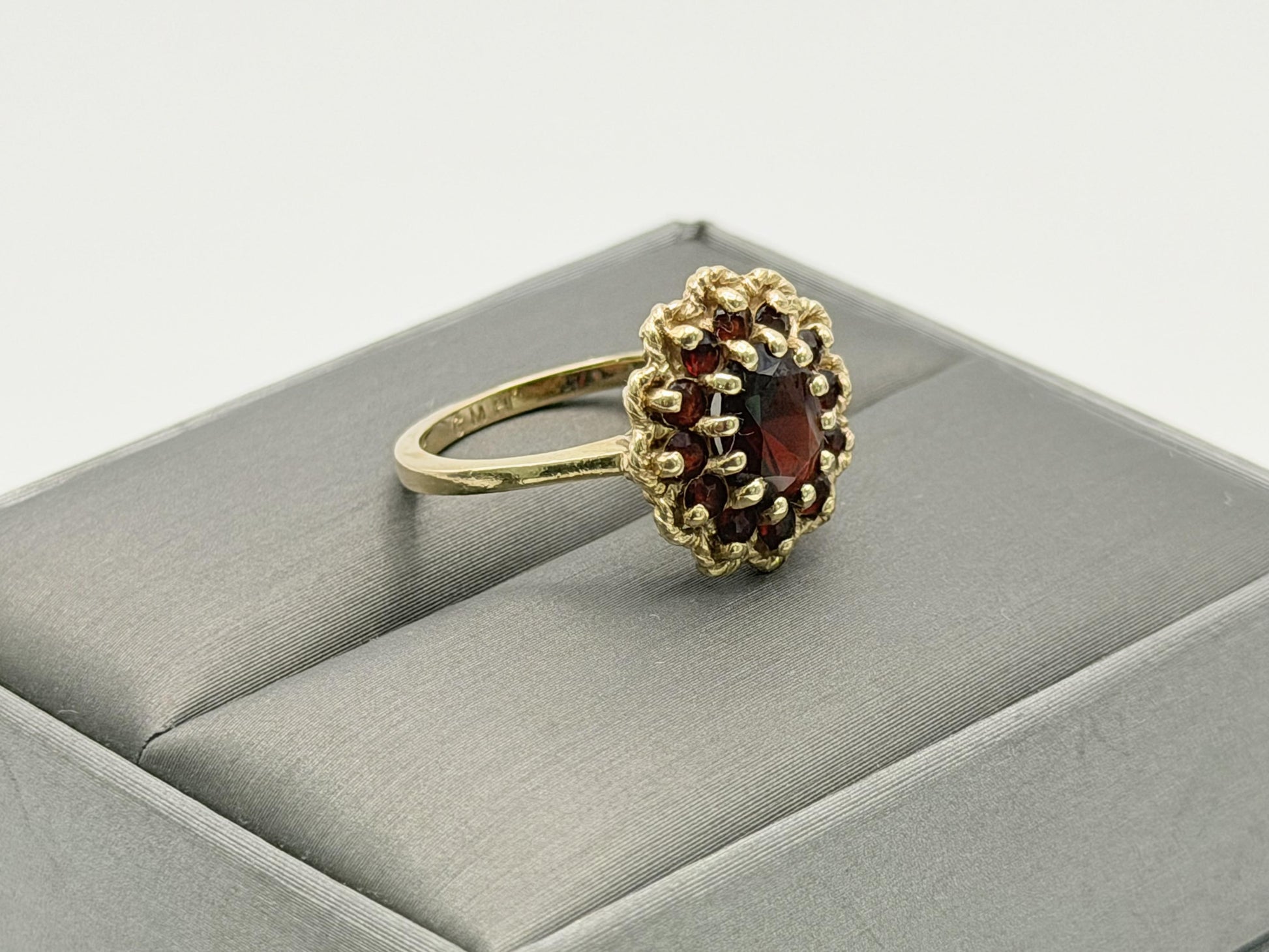 Vintage 14K Yellow Gold Garnet Cluster Ring.Oval Garnet Halo Statement Ring