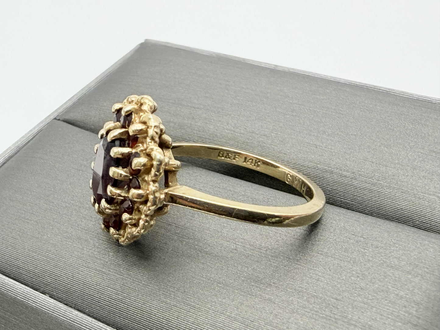 Vintage 14K Yellow Gold Garnet Cluster Ring.Oval Garnet Halo Statement Ring