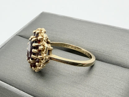 Vintage 14K Yellow Gold Garnet Cluster Ring.Oval Garnet Halo Statement Ring