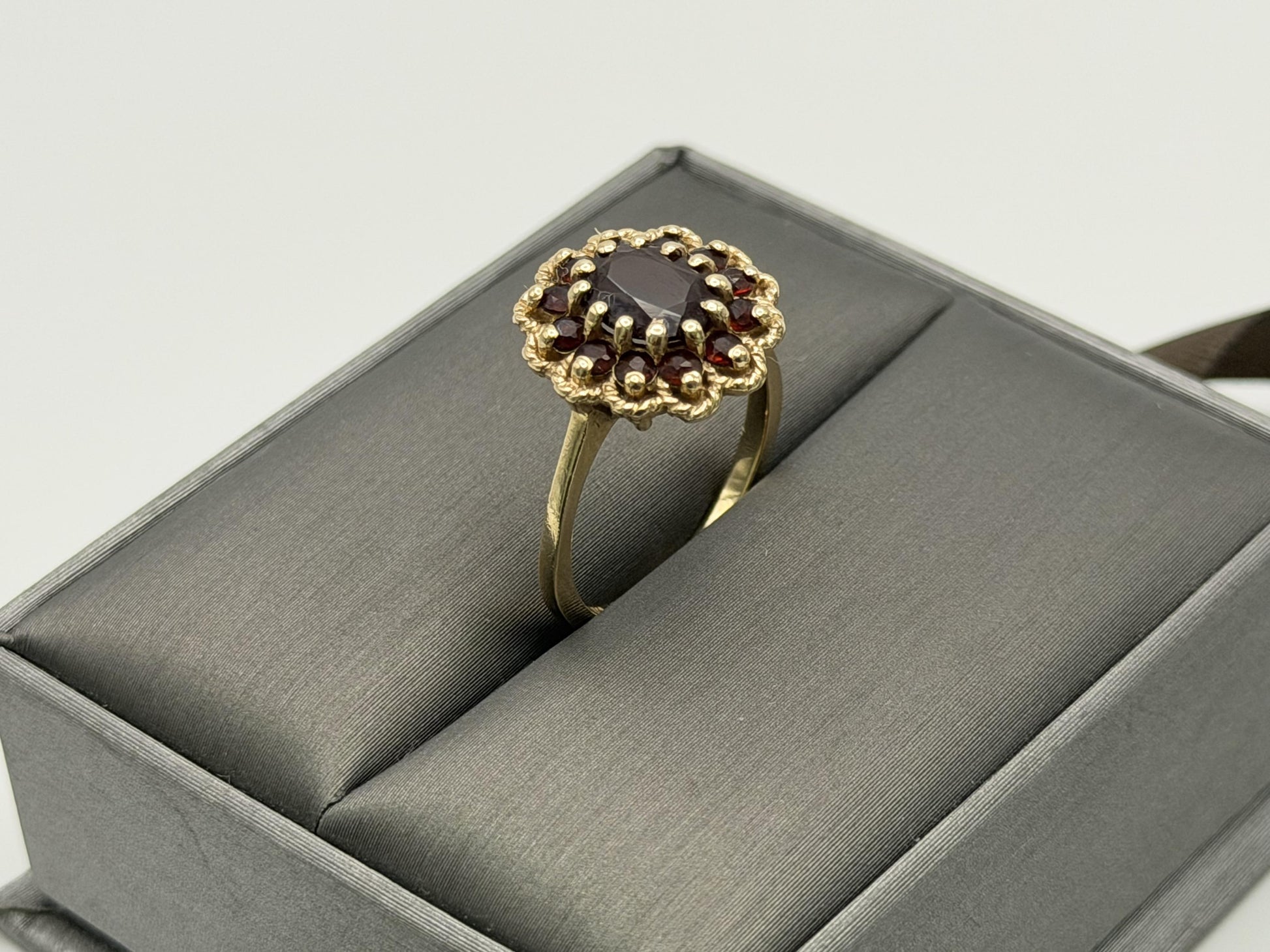 Vintage 14K Yellow Gold Garnet Cluster Ring.Oval Garnet Halo Statement Ring