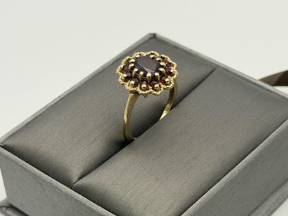 Vintage 14K Yellow Gold Garnet Cluster Ring.Oval Garnet Halo Statement Ring