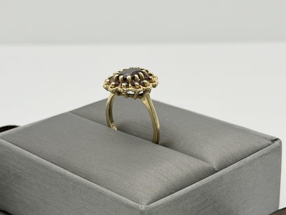 Vintage 14K Yellow Gold Garnet Cluster Ring.Oval Garnet Halo Statement Ring