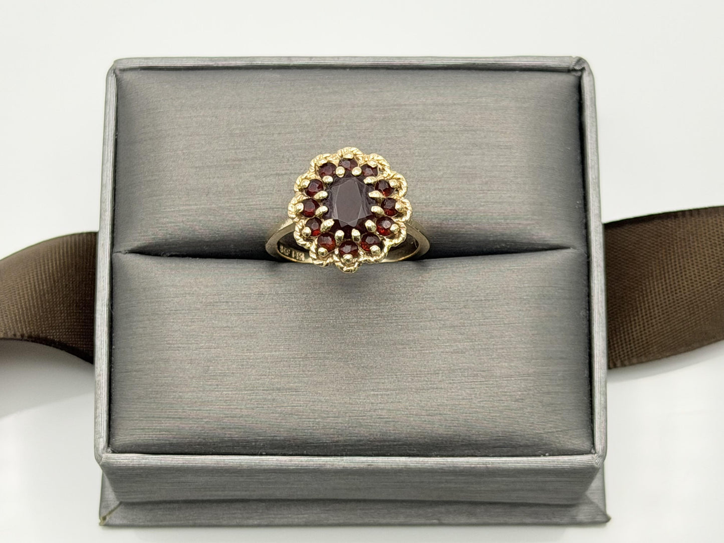 Vintage 14K Yellow Gold Garnet Cluster Ring.Oval Garnet Halo Statement Ring