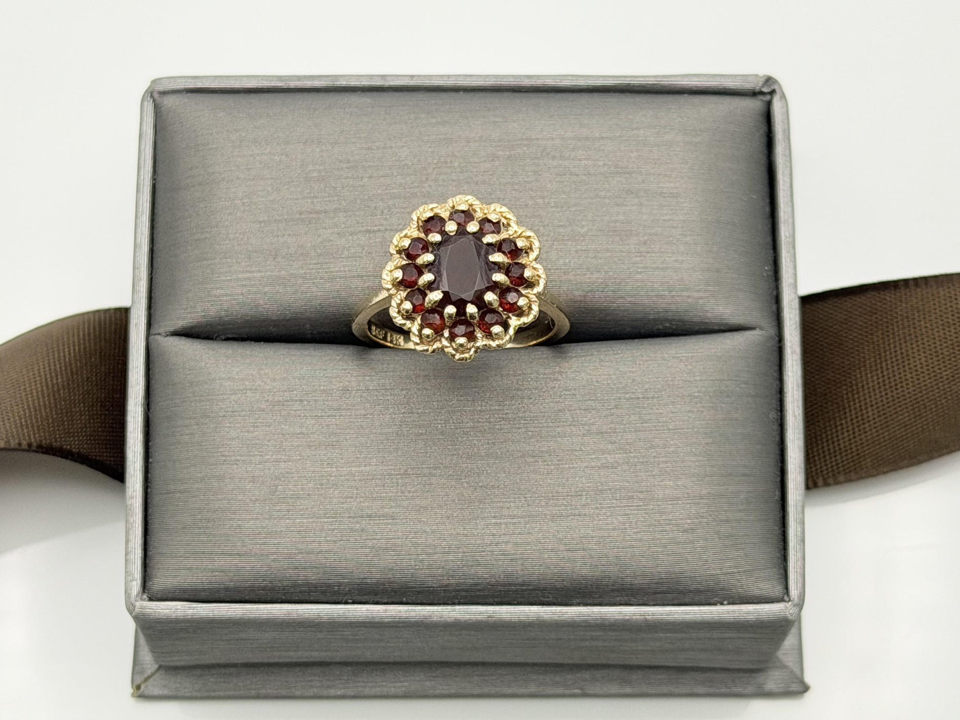 Vintage 14K Yellow Gold Garnet Cluster Ring.Oval Garnet Halo Statement Ring