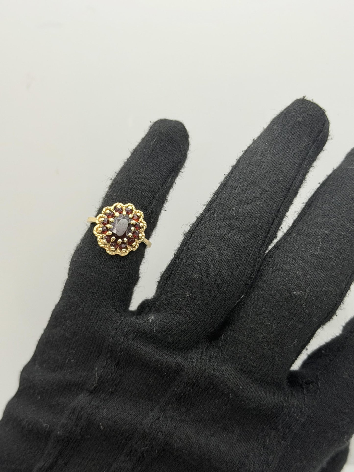 Vintage 14K Yellow Gold Garnet Cluster Ring.Oval Garnet Halo Statement Ring