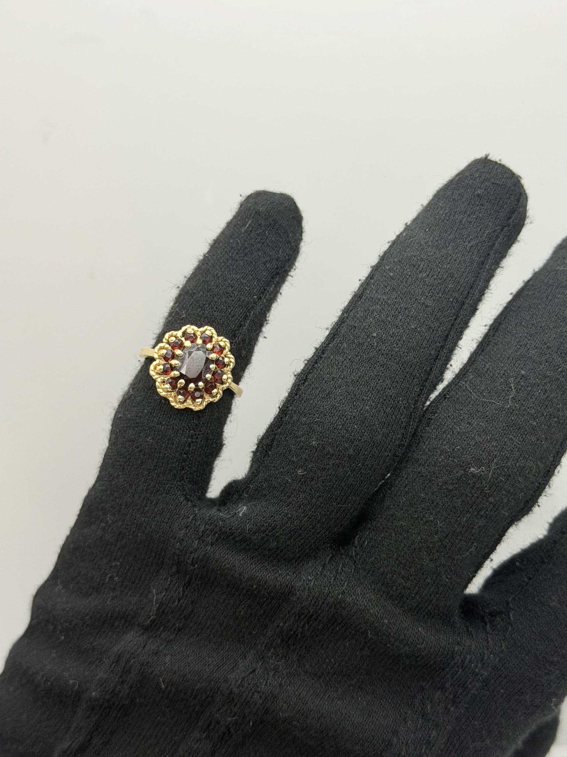 Vintage 14K Yellow Gold Garnet Cluster Ring.Oval Garnet Halo Statement Ring