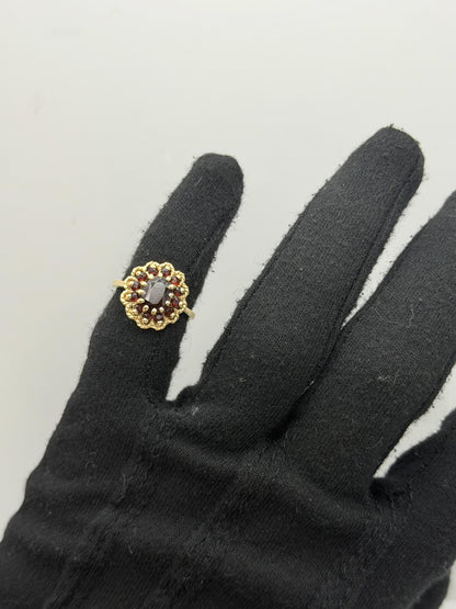 Vintage 14K Yellow Gold Garnet Cluster Ring.Oval Garnet Halo Statement Ring
