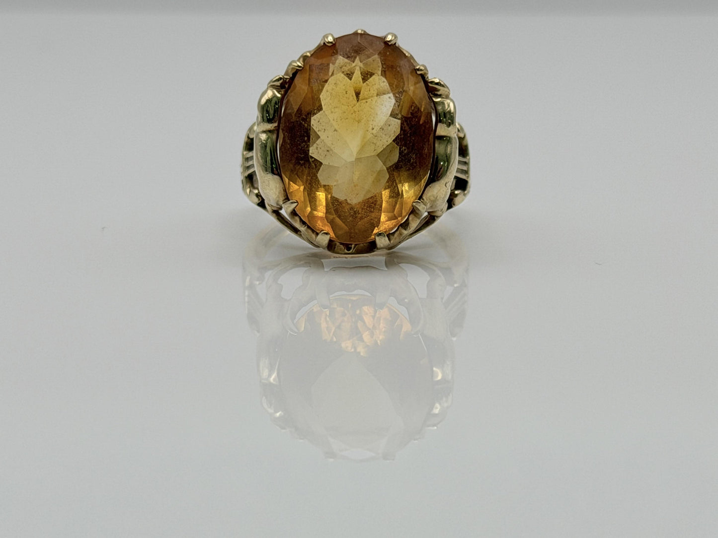 Vintage 10K Yellow Gold Large Oval Citrine Ring.Ornate Statement Cocktail Ring.