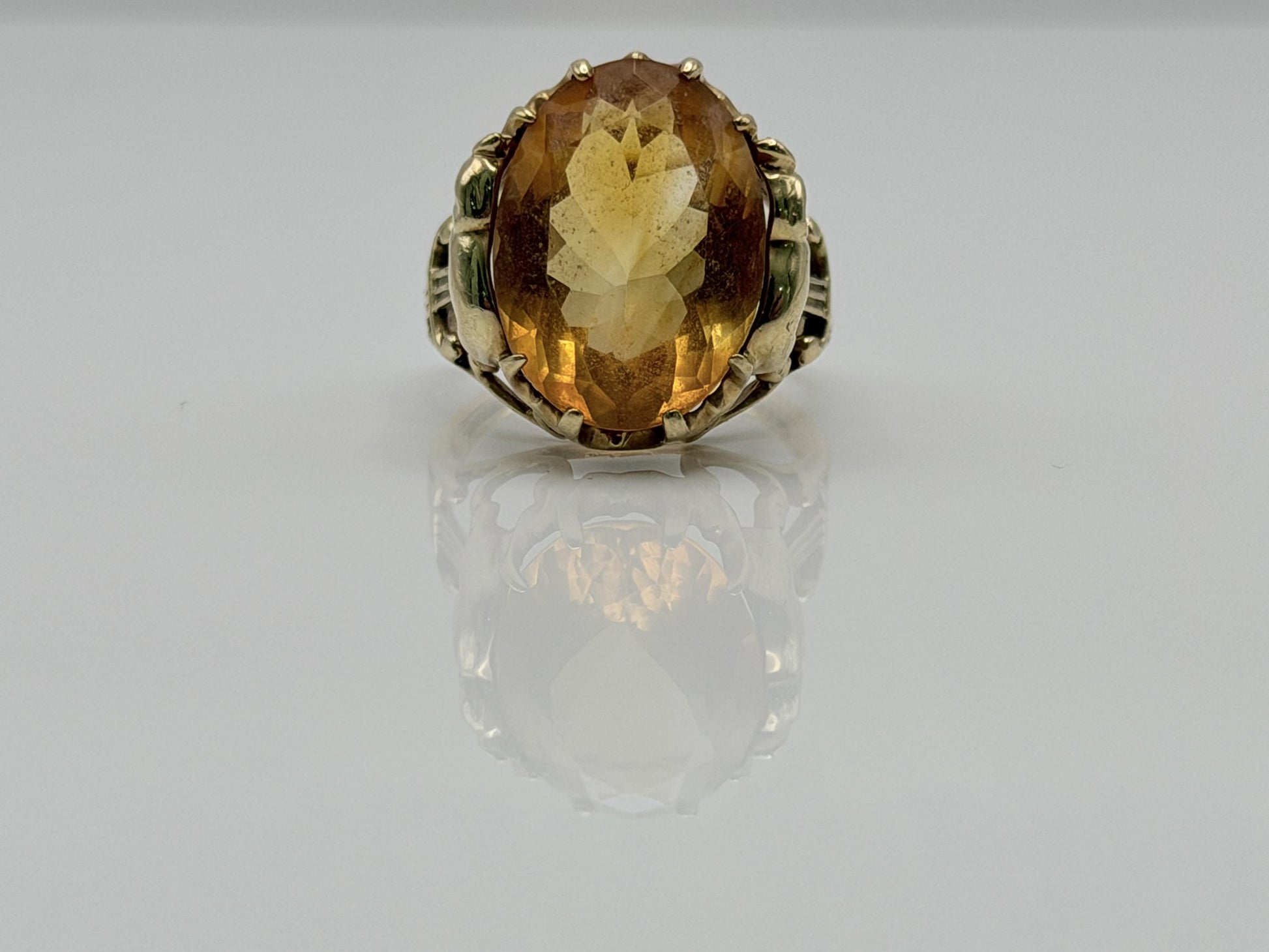 Vintage 10K Yellow Gold Large Oval Citrine Ring.Ornate Statement Cocktail Ring.