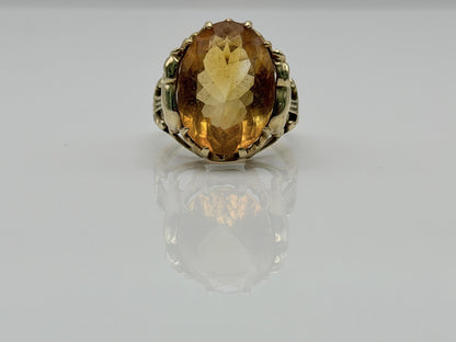 Vintage 10K Yellow Gold Large Oval Citrine Ring.Ornate Statement Cocktail Ring.