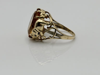 Vintage 10K Yellow Gold Large Oval Citrine Ring.Ornate Statement Cocktail Ring.