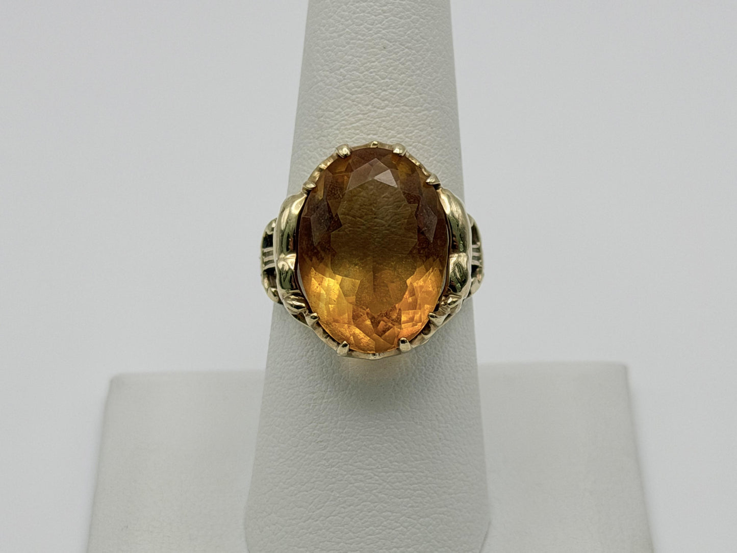 Vintage 10K Yellow Gold Large Oval Citrine Ring.Ornate Statement Cocktail Ring.