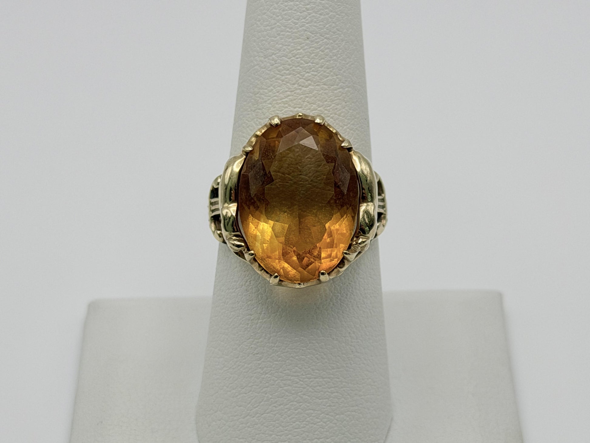Vintage 10K Yellow Gold Large Oval Citrine Ring.Ornate Statement Cocktail Ring.