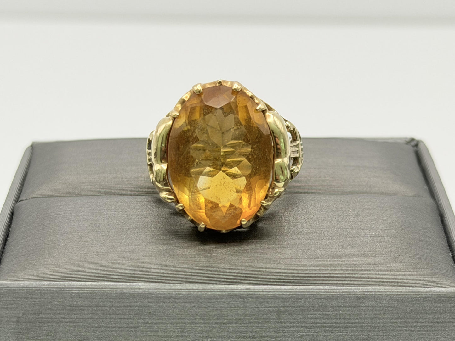 Vintage 10K Yellow Gold Large Oval Citrine Ring.Ornate Statement Cocktail Ring.