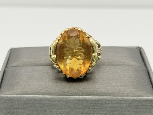 Vintage 10K Yellow Gold Large Oval Citrine Ring.Ornate Statement Cocktail Ring.