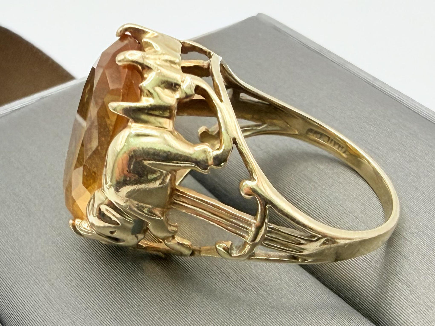 Vintage 10K Yellow Gold Large Oval Citrine Ring.Ornate Statement Cocktail Ring.