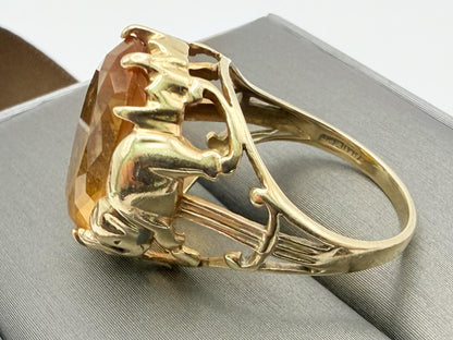 Vintage 10K Yellow Gold Large Oval Citrine Ring.Ornate Statement Cocktail Ring.