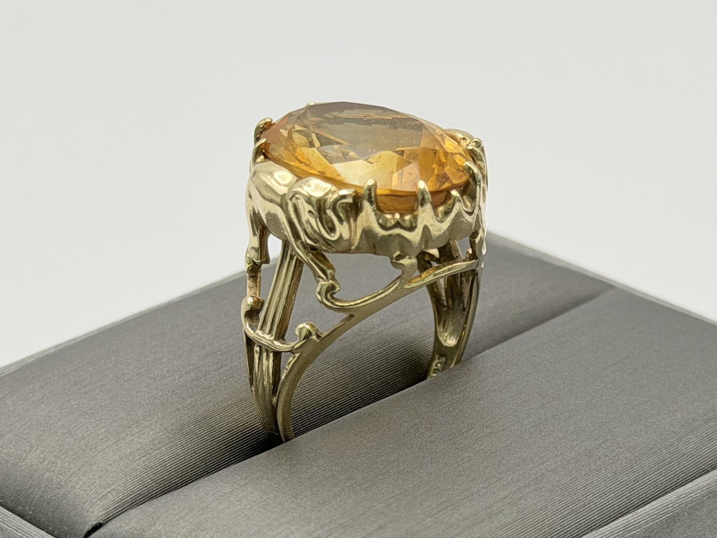 Vintage 10K Yellow Gold Large Oval Citrine Ring.Ornate Statement Cocktail Ring.