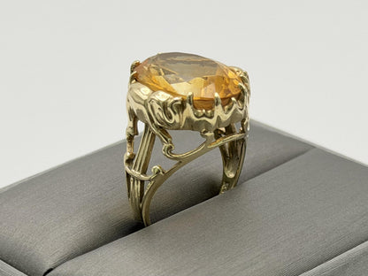 Vintage 10K Yellow Gold Large Oval Citrine Ring.Ornate Statement Cocktail Ring.