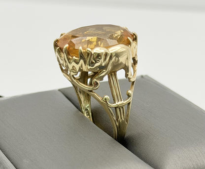 Vintage 10K Yellow Gold Large Oval Citrine Ring.Ornate Statement Cocktail Ring.