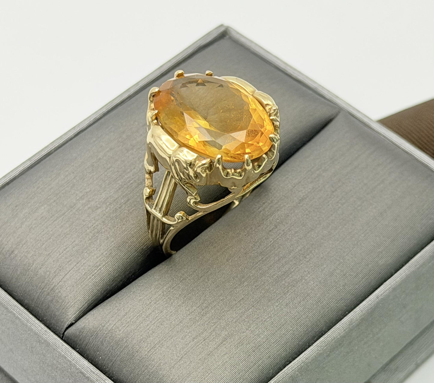 Vintage 10K Yellow Gold Large Oval Citrine Ring.Ornate Statement Cocktail Ring.