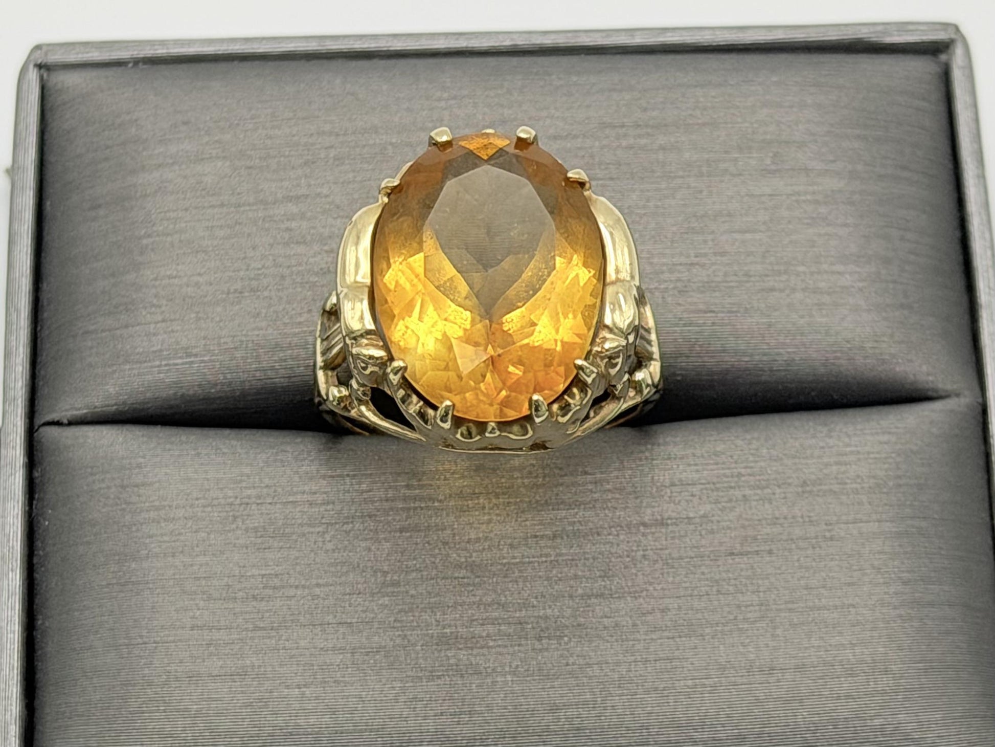 Vintage 10K Yellow Gold Large Oval Citrine Ring.Ornate Statement Cocktail Ring.
