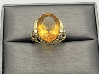 Vintage 10K Yellow Gold Large Oval Citrine Ring.Ornate Statement Cocktail Ring.