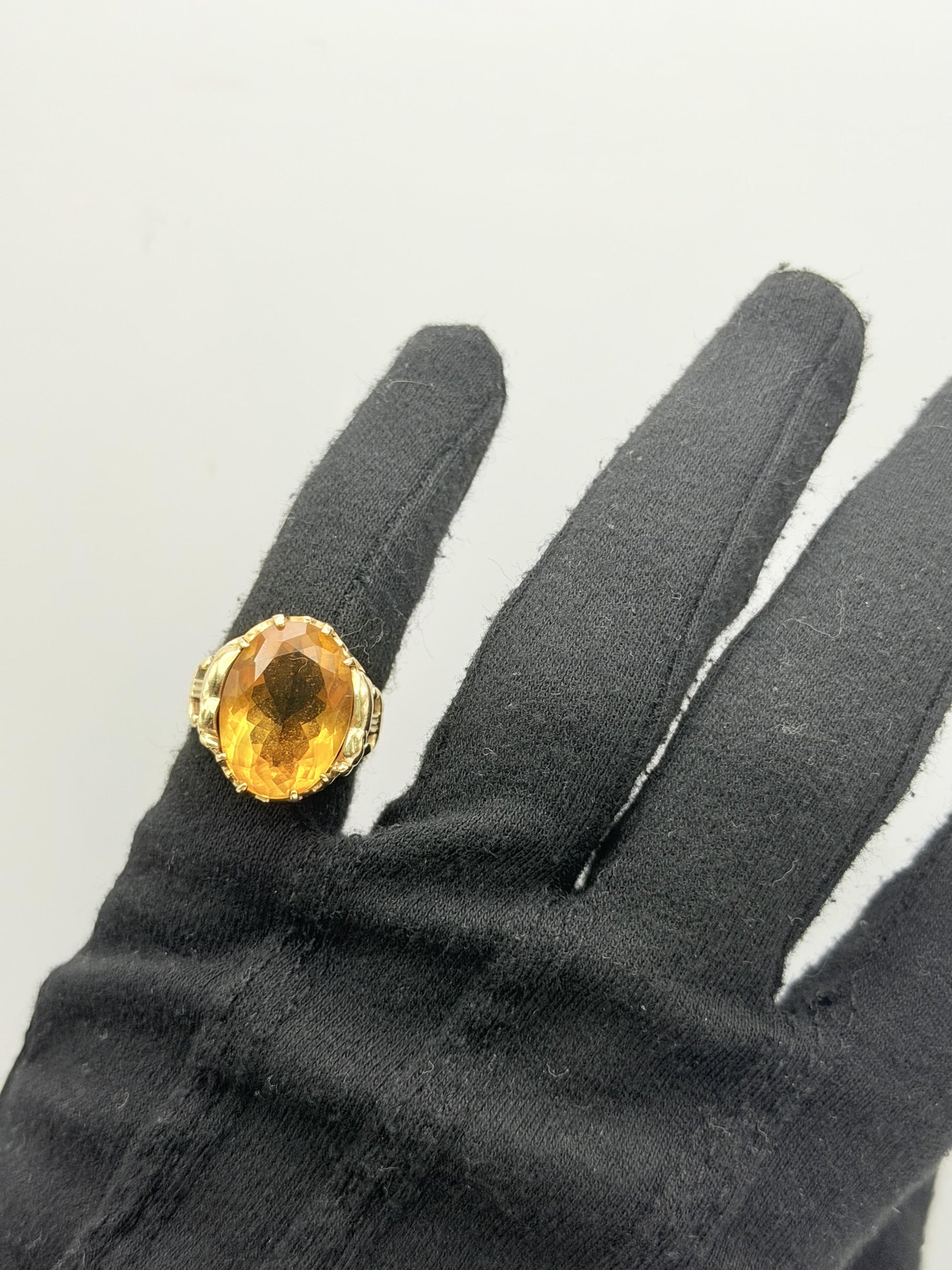 Vintage 10K Yellow Gold Large Oval Citrine Ring.Ornate Statement Cocktail Ring.