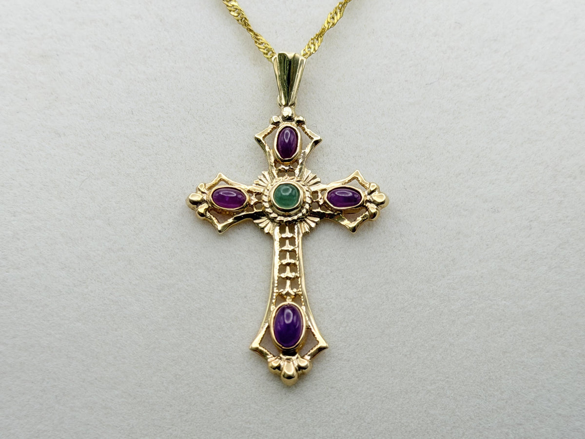 Vintage 14K Yellow Gold Emerald  Ruby Cross Pendant + Complimentary 18k GF Chain