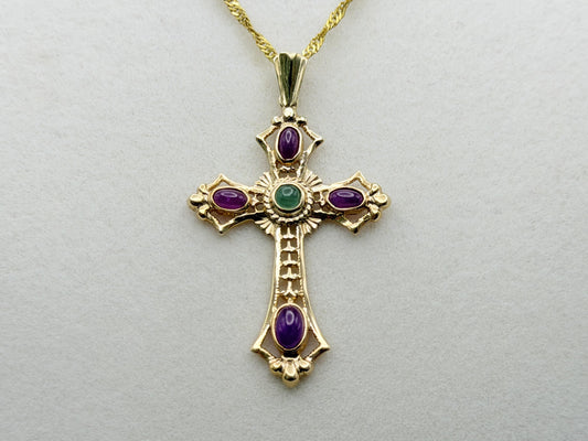 Vintage 14K Yellow Gold Emerald  Ruby Cross Pendant + Complimentary 18k GF Chain