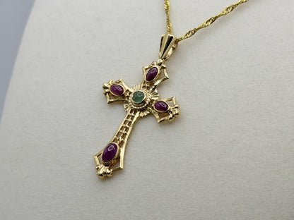 Vintage 14K Yellow Gold Emerald  Ruby Cross Pendant + Complimentary 18k GF Chain