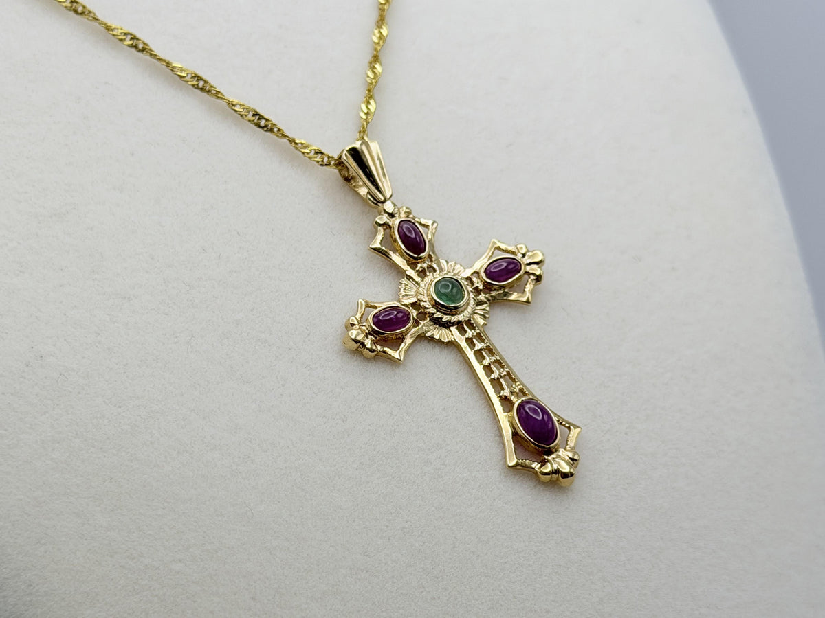 Vintage 14K Yellow Gold Emerald  Ruby Cross Pendant + Complimentary 18k GF Chain