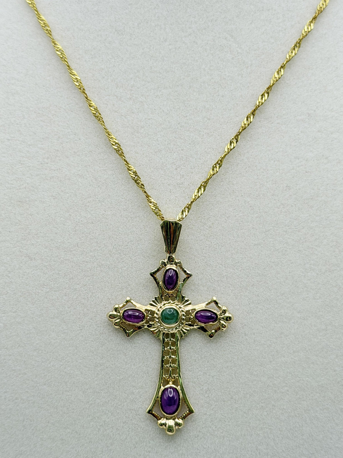 Vintage 14K Yellow Gold Emerald  Ruby Cross Pendant + Complimentary 18k GF Chain